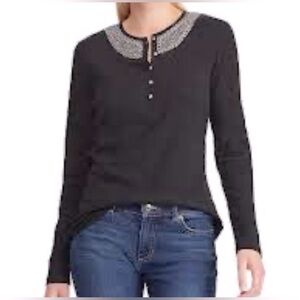 Calvin Klein Black Longsleeve Beaded Collarless Button Down Top Women's Large